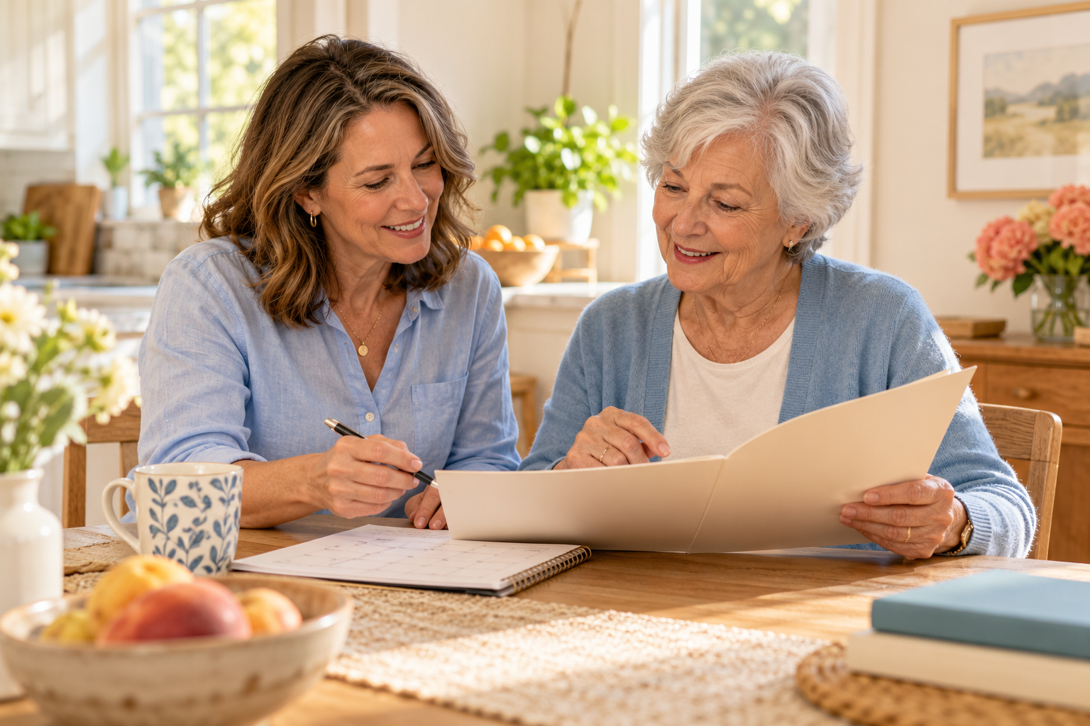 Illustrative scene of an adult daughter and her mother organizing family information together